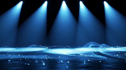 Blue spotlights on misty stage, cinematic lighting, ethereal fog, reflective floor, dramatic anticipation - Powered by Adobe
