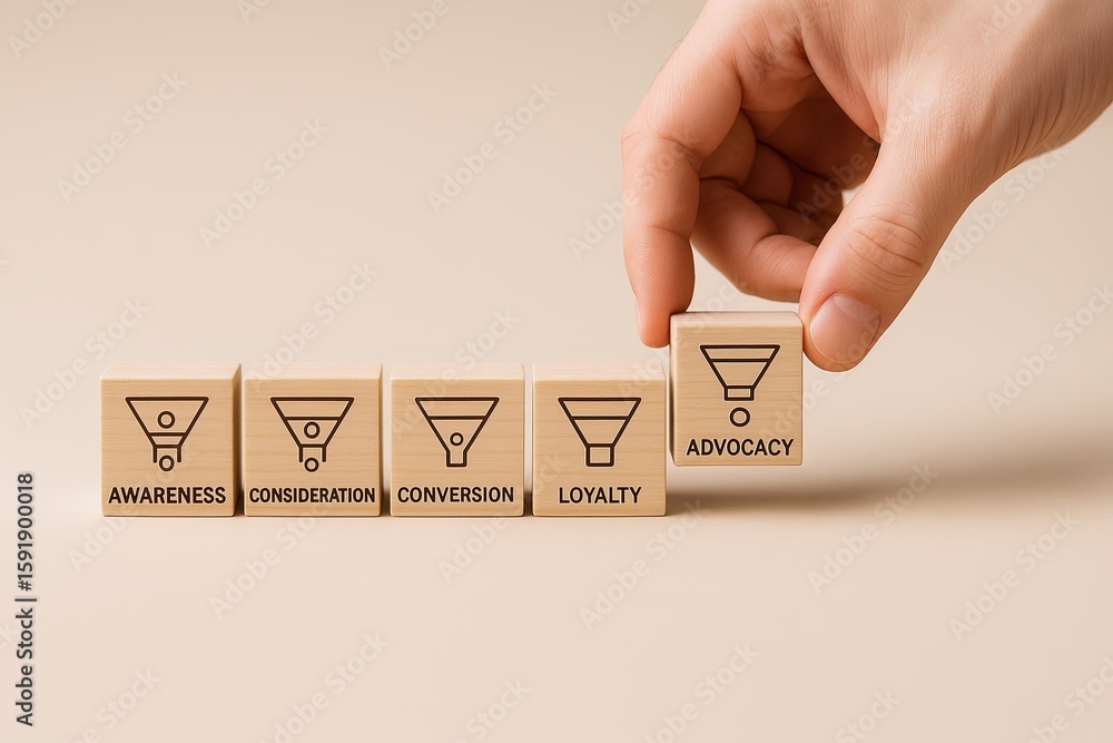 Poster hand placing a block labeled loyalty in a row of blocks representing awareness consideration and con