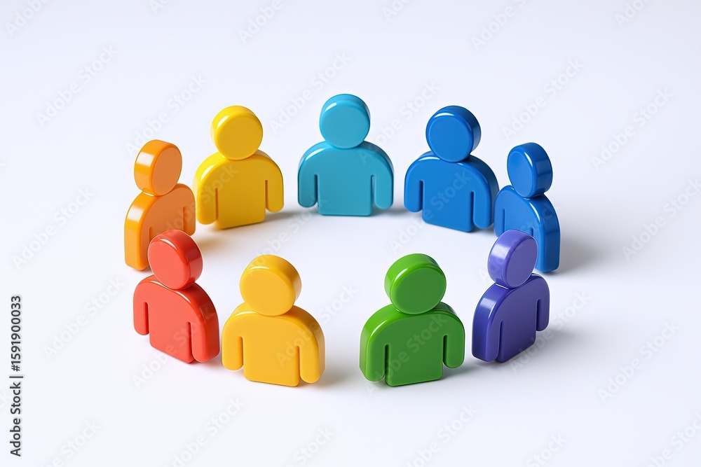 Poster diverse colorful abstract human figures forming a circle representing teamwork and unity.