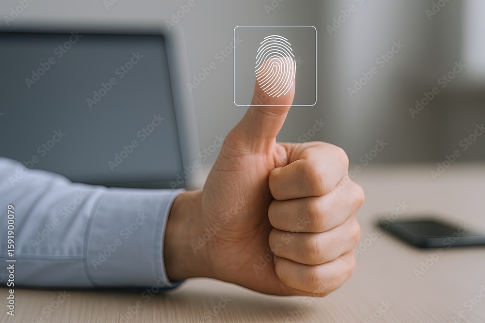 Poster close-up of a person giving a thumbs-up with finger scanning biometric fingerprint recognition on di