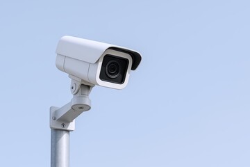 Modern outdoor security camera mounted on metal pole with clear sky background.