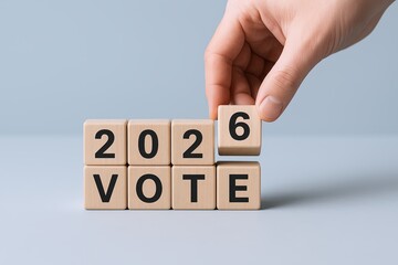 Hand placing wooden block with the number six over the blocks spelling vote for election concept.