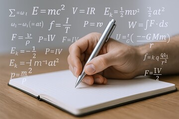 Hand writing on notebook with scientific formulas and equations in background.