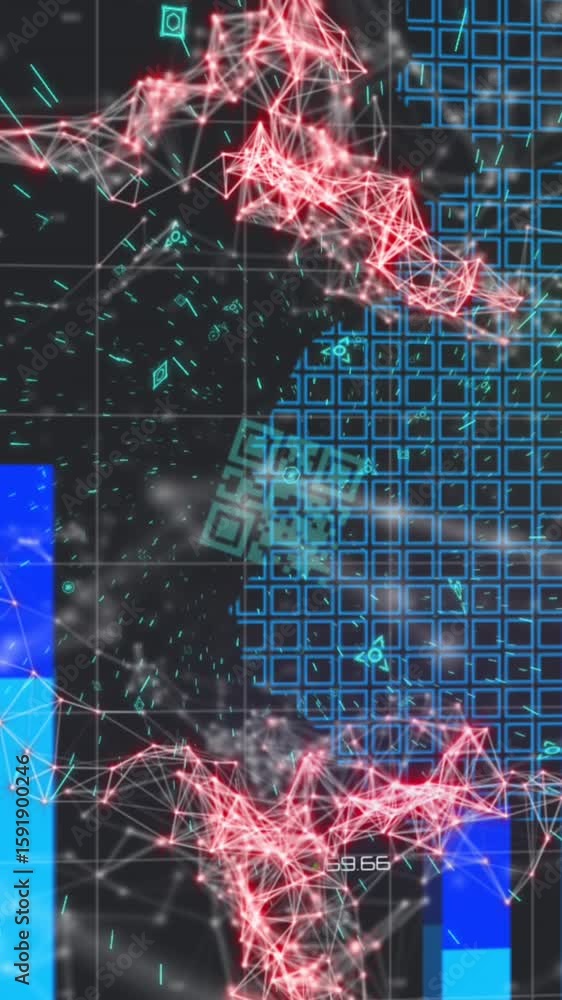 Poster animation of qr code over network of connections on black background
