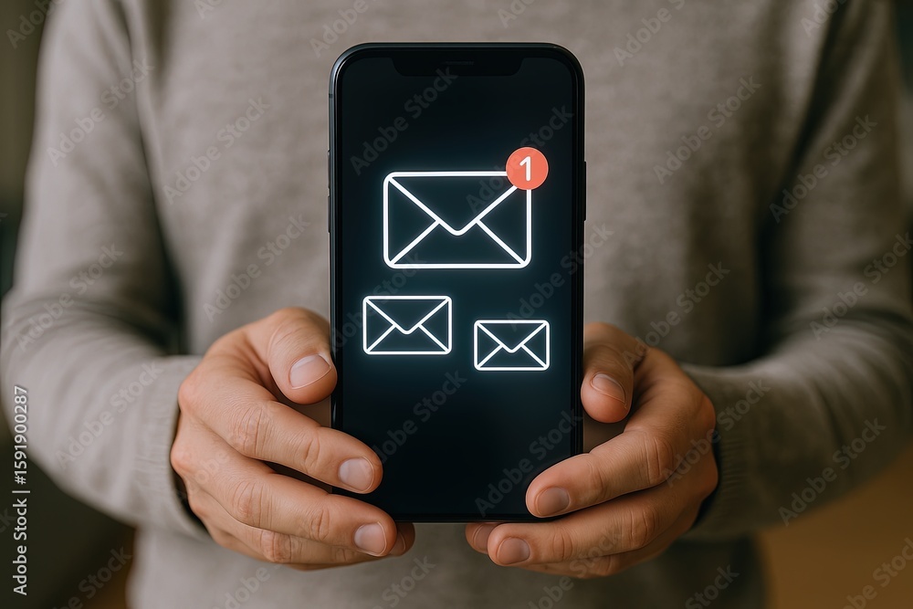 Poster close-up of a person holding smartphone displaying email notifications on screen.