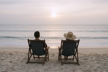 Peaceful sunset scene with two people sitting on beach chairs facing ocean and sky.