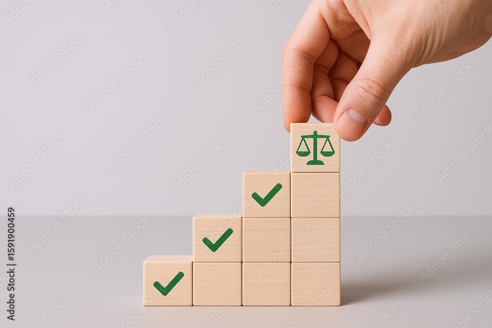 Poster hand placing wooden block with scales icon on increasing staircase of blocks representing growth.