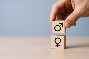 Hand Holding Wooden Blocks with Male and Female Gender Symbols on Light Background.