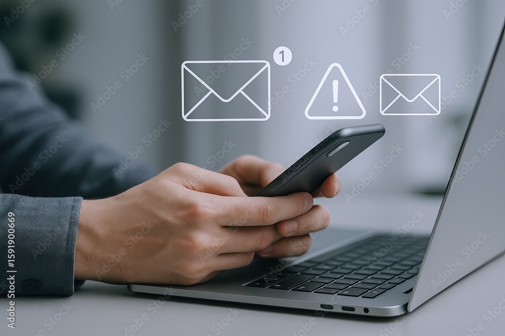 Poster person using smartphone with email notification icons on a laptop screen in office setting.