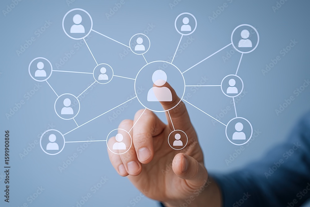 Poster digital network connection concept with human icons and hand touching screen.