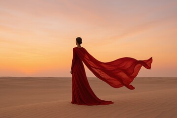 Elegant woman in flowing red dress standing on desert during sunset with flowing fabric.