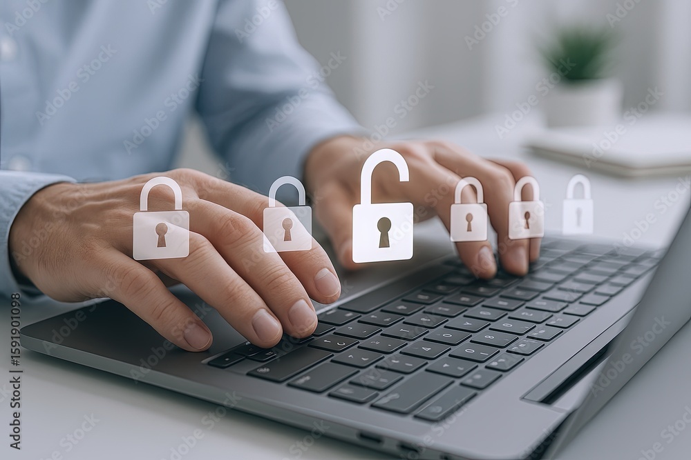 Poster hands typing on keyboard with lock icons representing cybersecurity data protection.