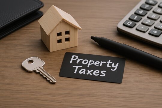 Close-up of property taxes concept with small house key calculator pen and note.