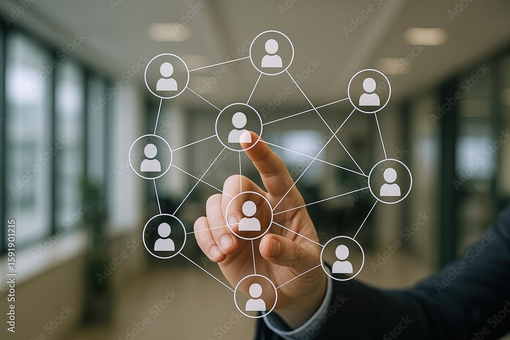 Poster business professional connecting digital network with multiple user icons in modern office.