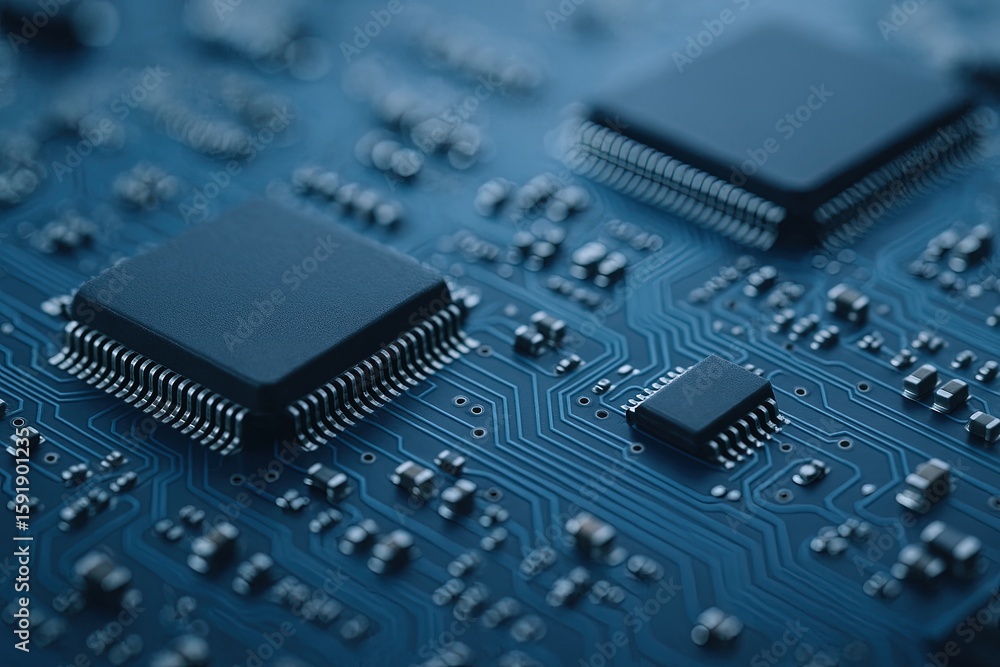 Poster close-up of electronic circuit board with microchips and soldered components for technology and elec