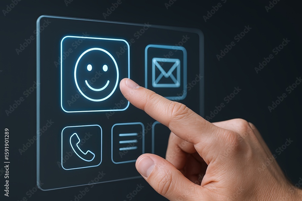 Poster modern digital interface with smiling face email message and contact icons design.