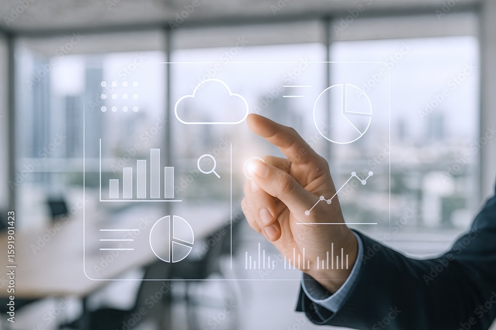 Aufkleber businessman interacting with digital cloud and data analytics interface in office environment.