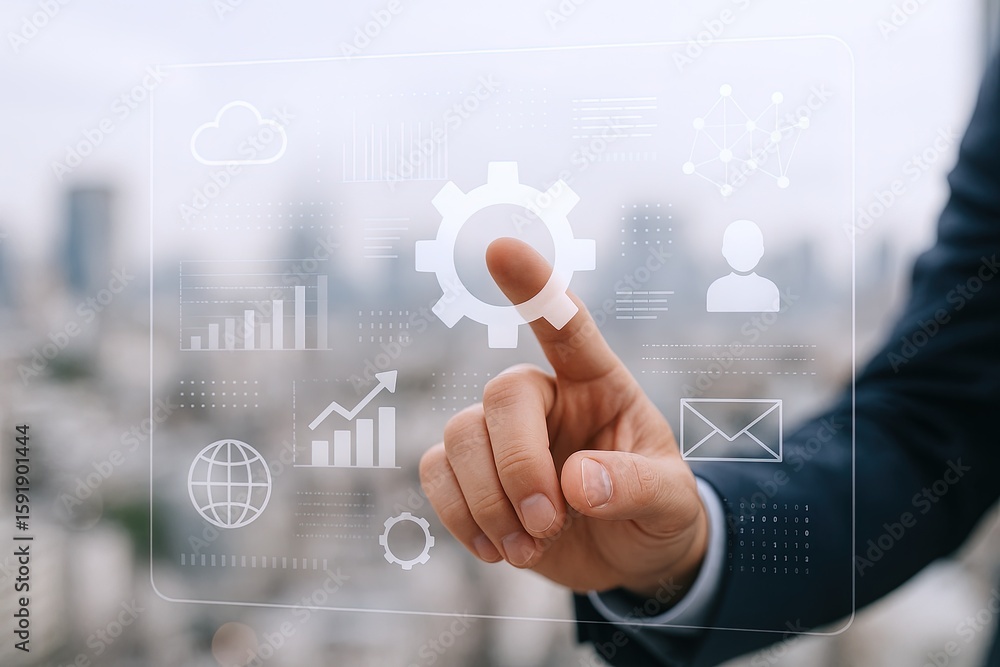 Poster business professional interacting with digital interface of organization management concepts.
