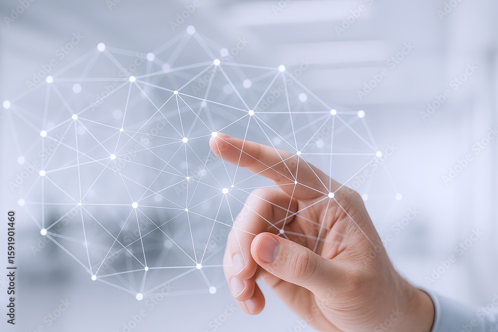 Poster human hand touching digital network interface with connected lines and glowing points.