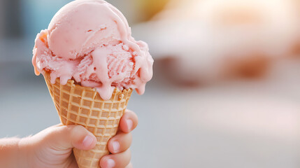Frozen Dessert Delight: A child's hand holds a waffle cone overflowing with scoops of pink ice cream on a bright day. A classic summer treat.
