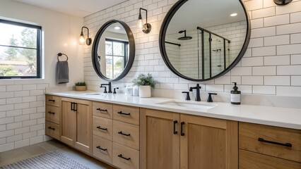 Bathroom with Dual Sinks, Round Mirrors, and Wood Cabinet