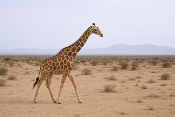Obraz premium Giraffe walking across a vast open desert landscape with distant mountains in the background.
