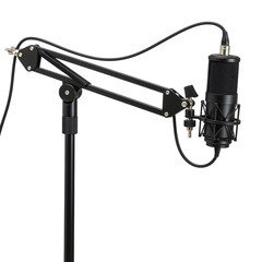 Naklejka premium A sleek, professional black microphone on a flexible stand, ideal for podcasts and recording sessions.