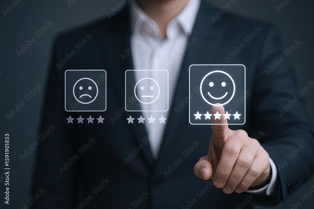 Poster businessman pointing at customer satisfaction icons on digital interface with rating options.