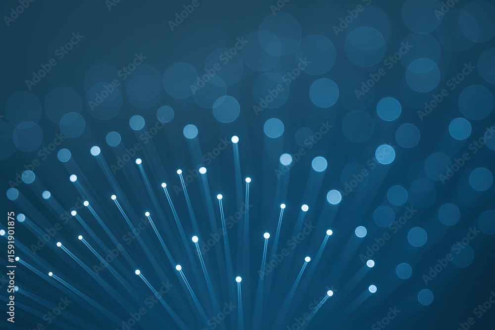 Poster Abstract blue bokeh lights with radiating lines and glowing dots creating depth.