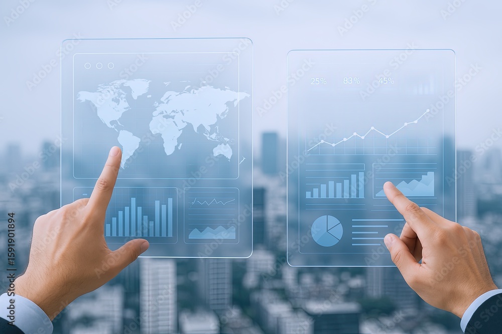 Poster modern digital business analysis and data visualization on transparent screens in a cityscape.