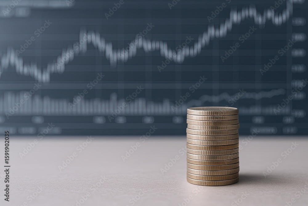 Poster close-up of stacked coins in front of financial graph on screen symbolizing investment growth.