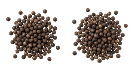 Two distinct piles of whole, dried black peppercorns, dark brown to deep black, finely textured, isolated on a pristine plain white background with generous copy space, bright even lighting, top-down