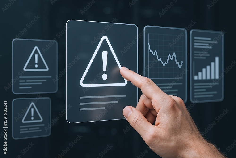 Poster close-up of hand interacting with digital alert warning icons and charts on futuristic touchscreen i