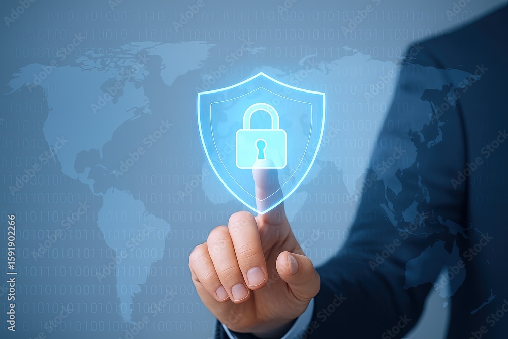 Poster businessman in formal suit touching digital security shield with lock icon on global map background.