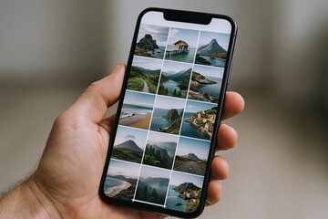 Naklejka na ściany i meble Person Hand Holding Smartphone with Multiple Landscape Photos on Screen.
