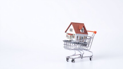 Small house model placed on a shopping cart, illustrating property buying idea