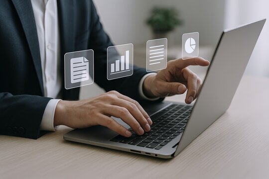Business professional working on a laptop with digital data analytics icons floating above. - Powered by Adobe