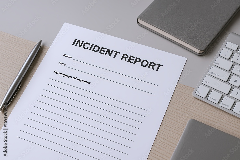 Poster incident report document on light wooden desk with pen keyboard and notebooks.