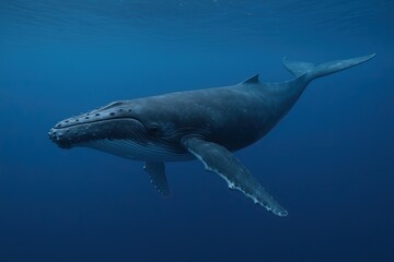 Naklejka premium Large Humpback Whale Swimming Deep Ocean Underwater Scene with Tail and Flippers.