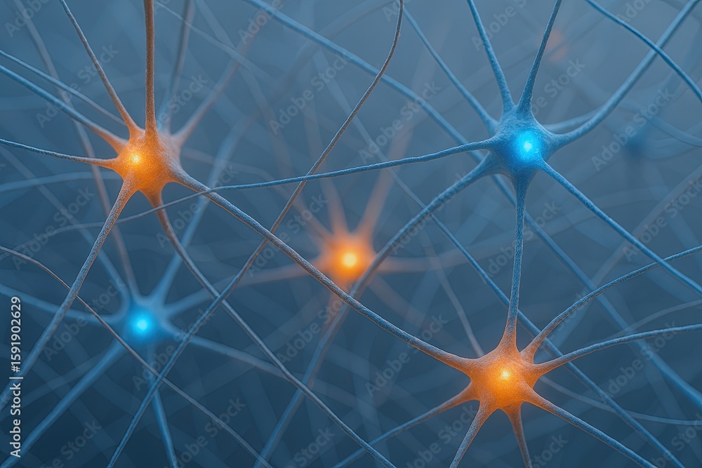 Poster high resolution visualization of interconnected neurons and neural network cells in the brain.