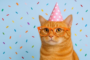 Cute orange tabby cat wearing pink polka dot party hat and orange glasses with colorful confetti background.