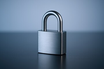 Naklejka premium Close-up of silver metal padlock on dark smooth surface with cool background.