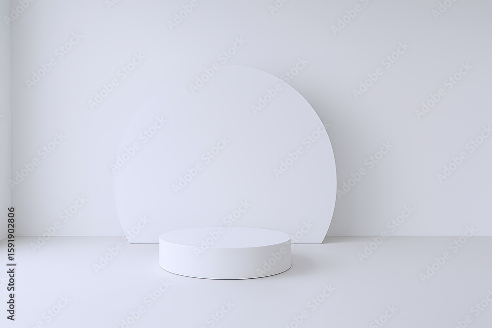Poster Empty White Circular Platform and Background in Minimalist Studio Setting for Product Display.