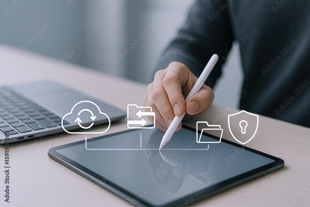 Poster close up of a person using a stylus on a digital graphic tablet with icons and a laptop.
