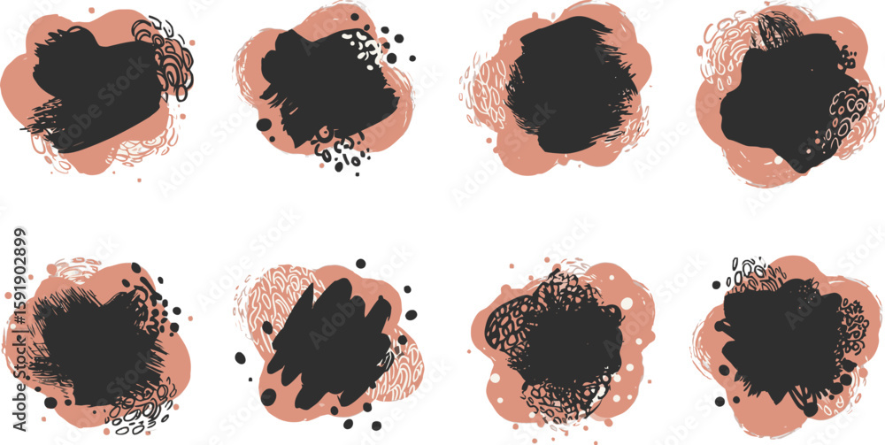 Poster vector art of eight abstract brush stroke shapes with various textures and colors for creative desig