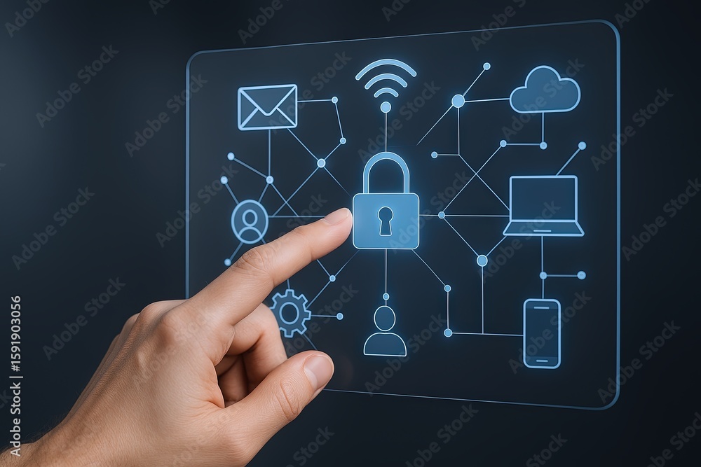 Poster futuristic cybersecurity concept with lock and digital connections on transparent screen.