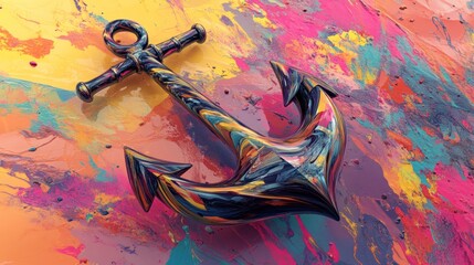 Metallic anchor on colorful abstract background.