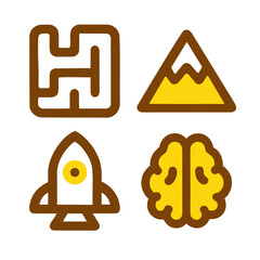 Flat vector icons of maze mountain rocket and brain representing creativity and exploration
