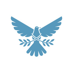 Blue dove with olive branches symbol of peace in minimalist vector illustration
