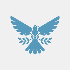 Blue dove with olive branches symbol of peace in minimalist vector illustration